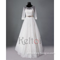 A line floor length muslim bridal wedding dress long sleeve with champagne belt